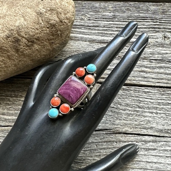 Navajo Sterling Silver Multi Stone Spiny Oyster Turquoise Ring Size 7.5 D Wylie - Picture 8 of 12